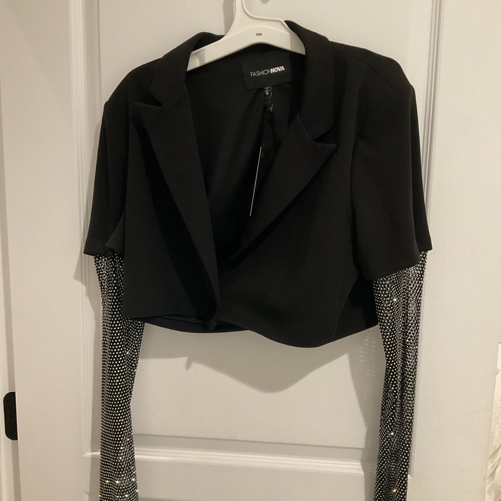 Black Cropped Blazer with Silver Sequin Sleeves